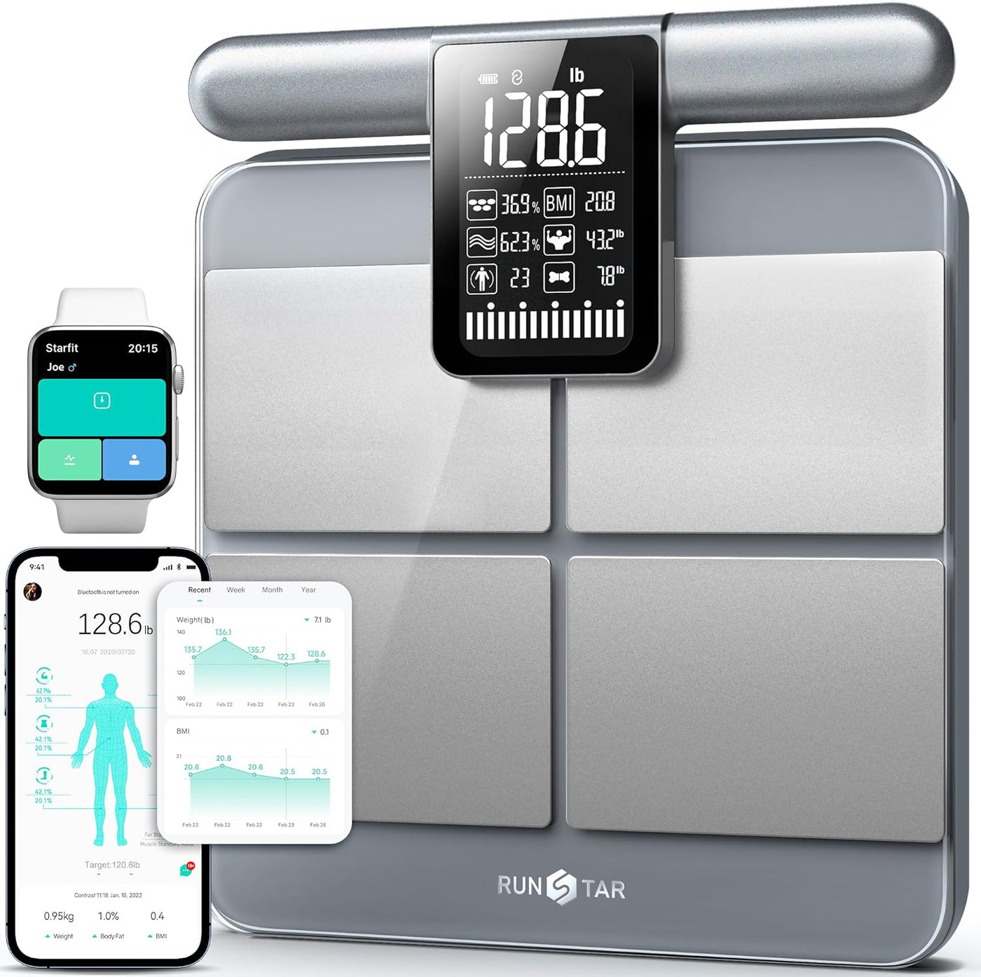 Runstar Scale for Body Weight and Fat Percentage. 8-Electrodes Precision Digital Smart Scale for BMI 28 Body Composition Measurement. Silver Bathroom Smart Scales with Large Display
